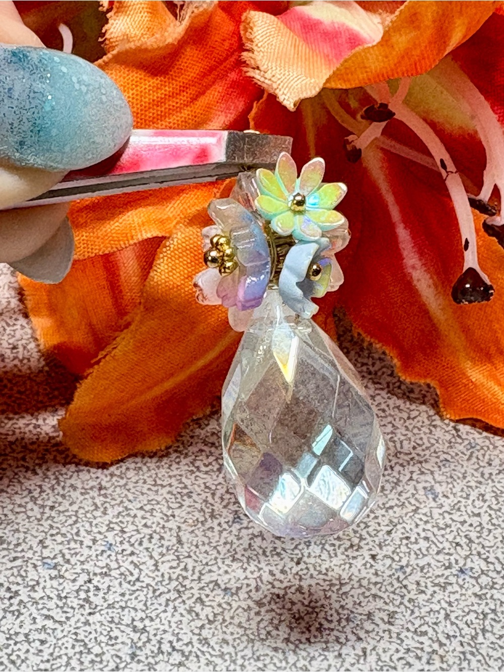 Iridescent Crystal Teardrop Floral Dangle pendant handcrafted
